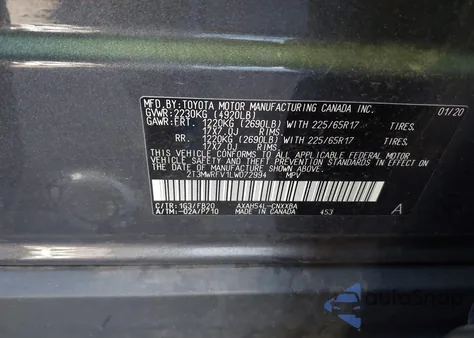 2020 Toyota Rav4 Hybrid Le из США, поврежденный, VIN 2T3MWRFV1LW072994